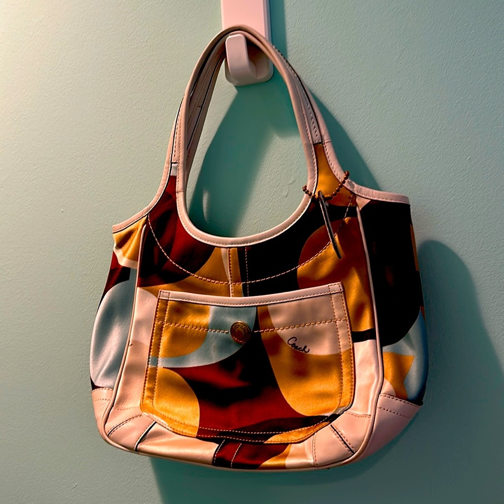 COACH Scarf Print Ergo Shoulder Hobo Bag White Brown Blue Abstract Purse 10783